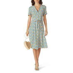 HVN Blue Orange Floral Print V-Neck Rosemary 100% Silk Dress Women's Size 2